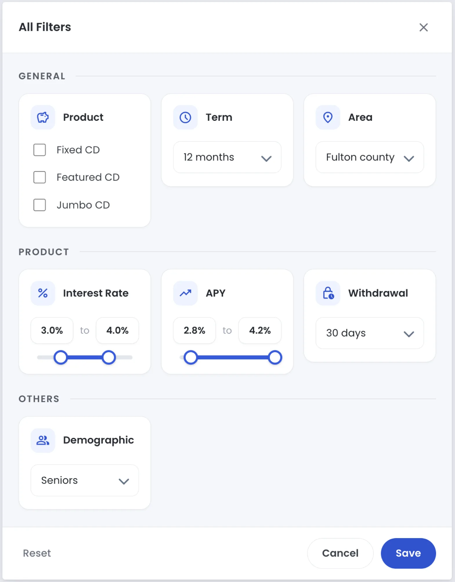 Filter direction one: a single scrolling panel with grouped filter cards for product, term, area, rate, and demographic.